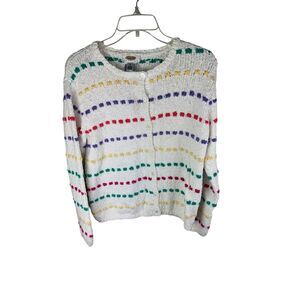 Talbots Petites Vintage Horizontal Strip Cotton Knit Cardigan Small White
